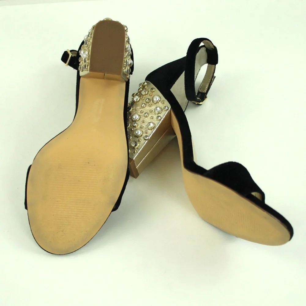 Lilly Pulitzer Amber Lynn Black Velvet Faux Pearl Rhinestone Block Heel Sandal 7